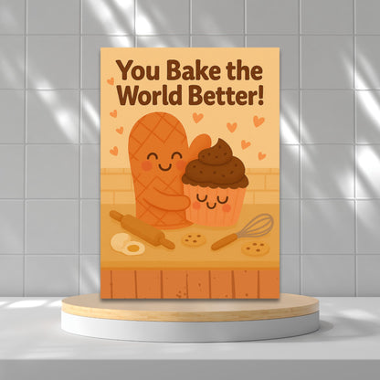 Printable 5x7 Mother's Day greeting card with a cute baking pun – "You Bake the World Better" featuring pastel illustrations and sweet treats, available as an instant download.
