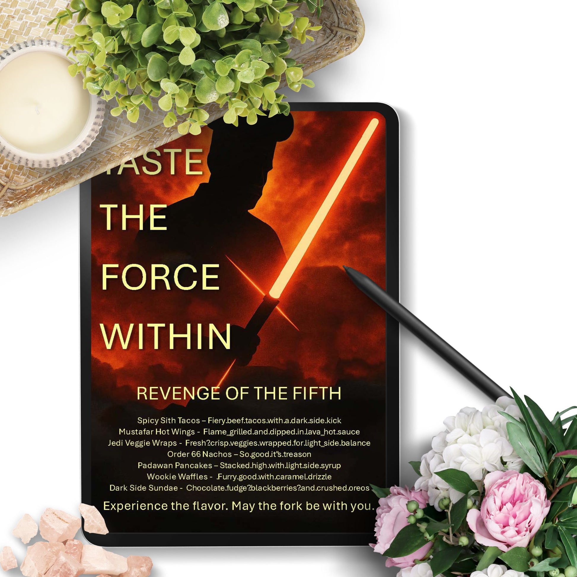 Editable Revenge of the Fifth menu template with Star Wars-themed food items like Spicy Sith Tacos and Jedi Veggie Wraps, perfect for chef promos and May 5th celebrations.