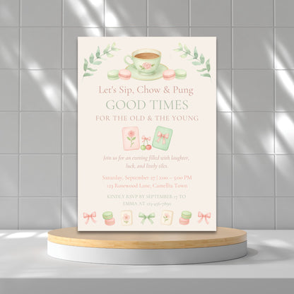Poster with tea-themed design and text on a round platform against a tiled wall.