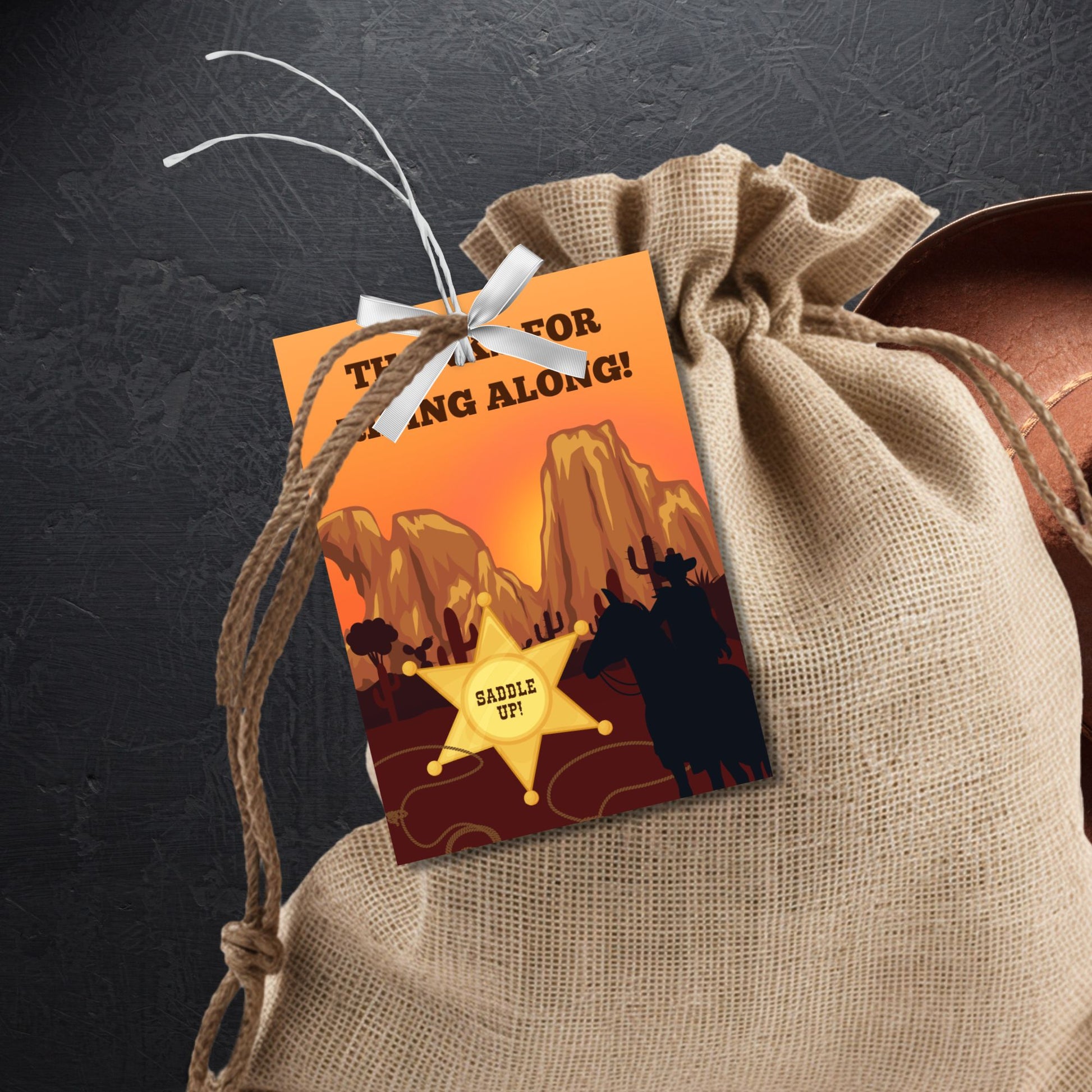 Wild West editable thank you gift tags printable for cowboy party favors with rustic Western design and "Thanks for Riding Along" message.