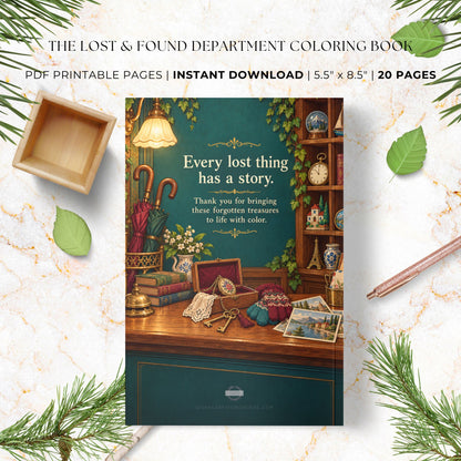 A digital coloring book cover mockup for 'The Lost & Found Department Coloring Book' displayed on a white marble background with decorative leaves, pine branches, a wooden tray, and a pencil. The cover features a dark teal background with a vintage desk scene and the text 'Every lost thing has a story.