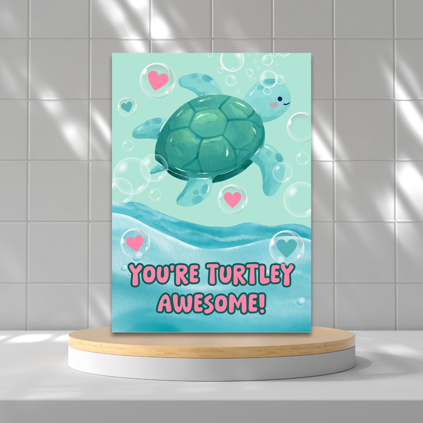 Printable Valentine’s Day Greeting Card featuring the pun “You're Turtley Awesome.” Designed as a 5x7 PDF on an 8.5 x 11 sheet with two cards per page. A cute and fun Valentine’s card for turtle lovers and friends.