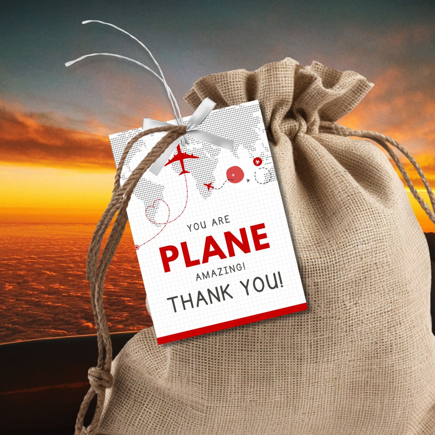 Printable aviation thank you gift tags in red and white minimalist design with airplane illustration, ideal for flight crew appreciation gifts.