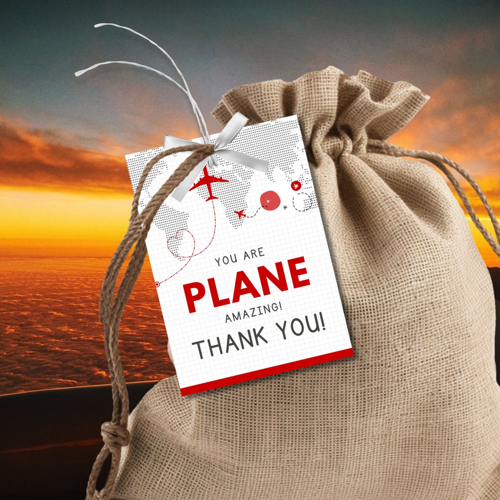 Printable aviation thank you gift tags in red and white minimalist design with airplane illustration, ideal for flight crew appreciation gifts.