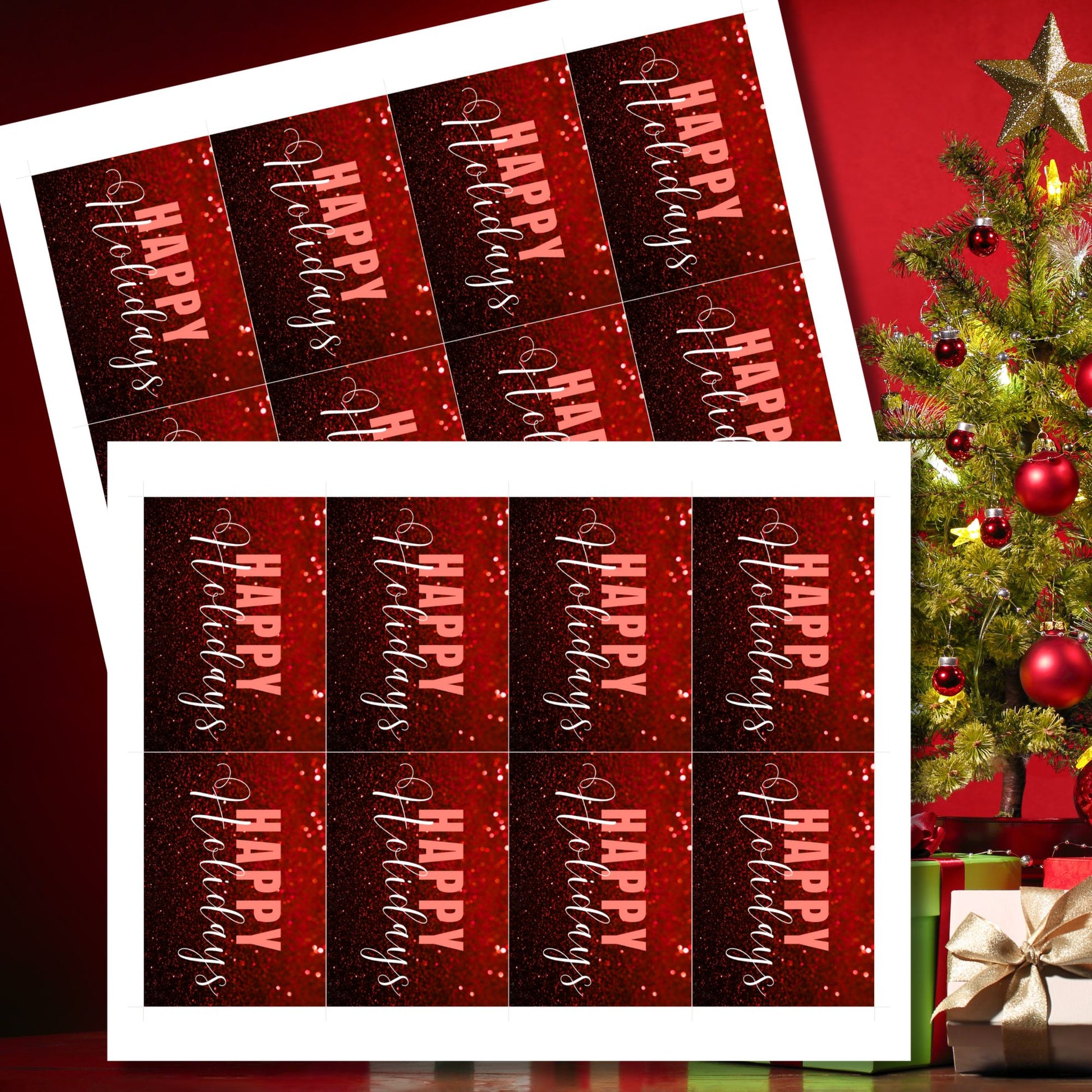 Red-themed ready-to-print Holiday gift tags featuring a glittery red background with elegant "Happy Holidays" text, 2.5 x 3.5 inches, 8 per 8.5 x 11-inch sheet.