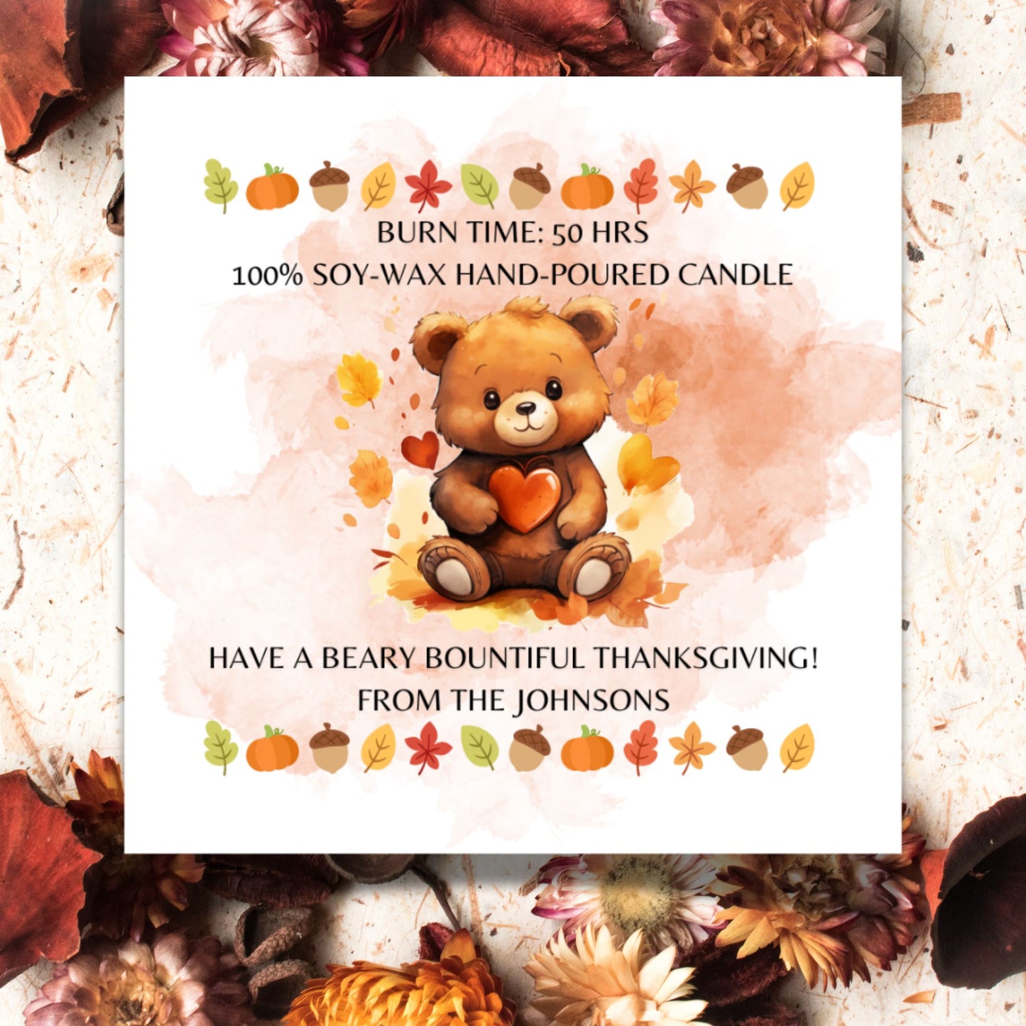 A set of 9 "Beary Bountiful Thanksgiving" themed Fall candle labels featuring charming bears, autumn leaves, and Thanksgiving motifs. The 2.75-inch square labels come as fixed designs with editable text for personal customization.