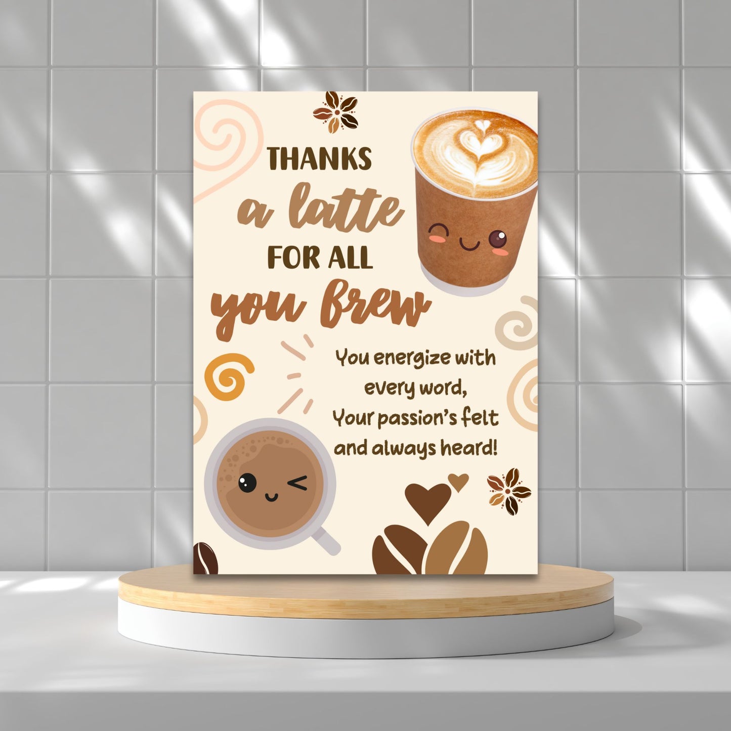 Printable 5x7 coffee-themed teacher card saying “Thanks a Latte for All You Brew” – digital download