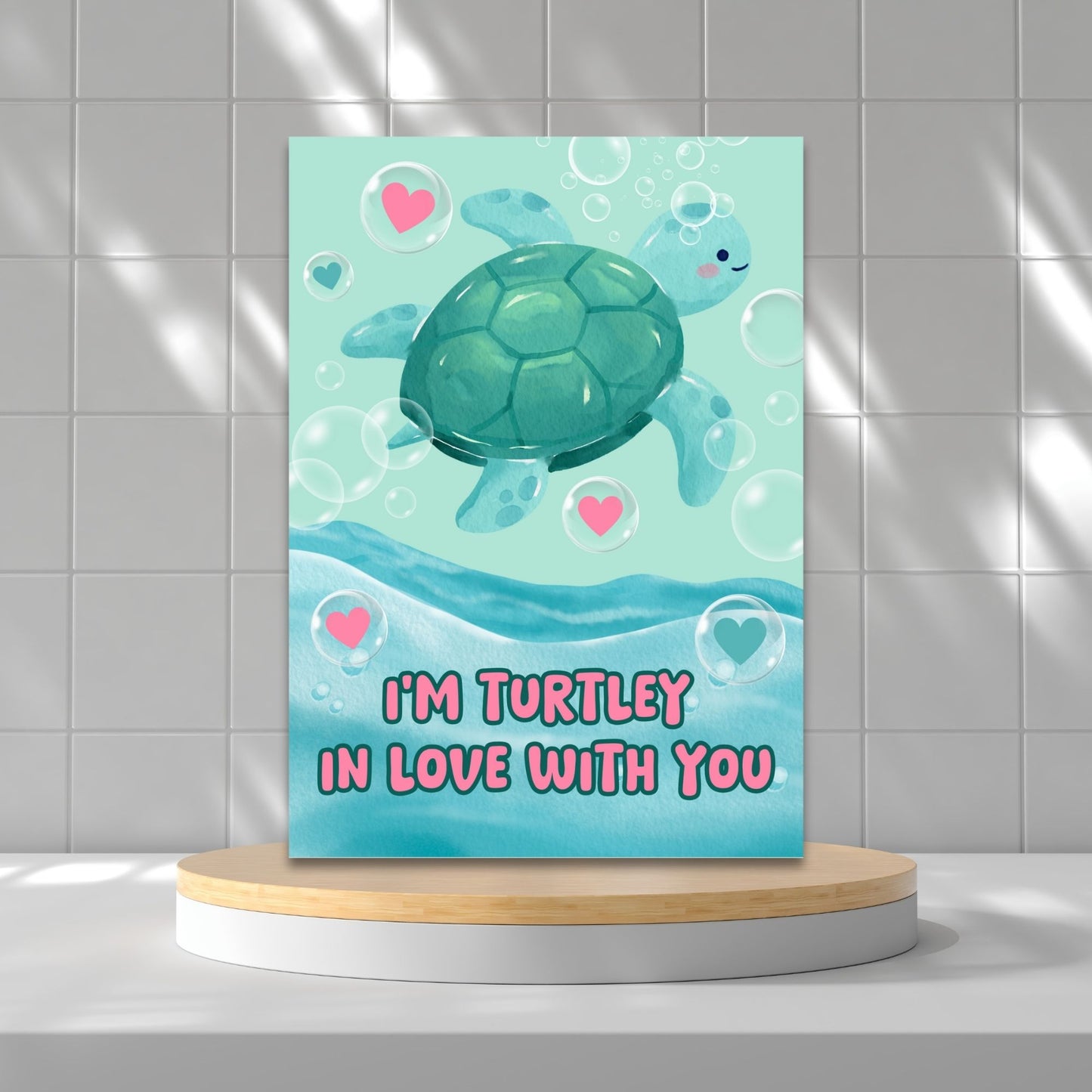 Printable Valentine’s Day Greeting Card featuring the pun “I'm Turtley in Love with You.” Designed as a 5x7 PDF on an 8.5 x 11 sheet with two cards per page. A cute and fun Valentine’s card for turtle lovers.