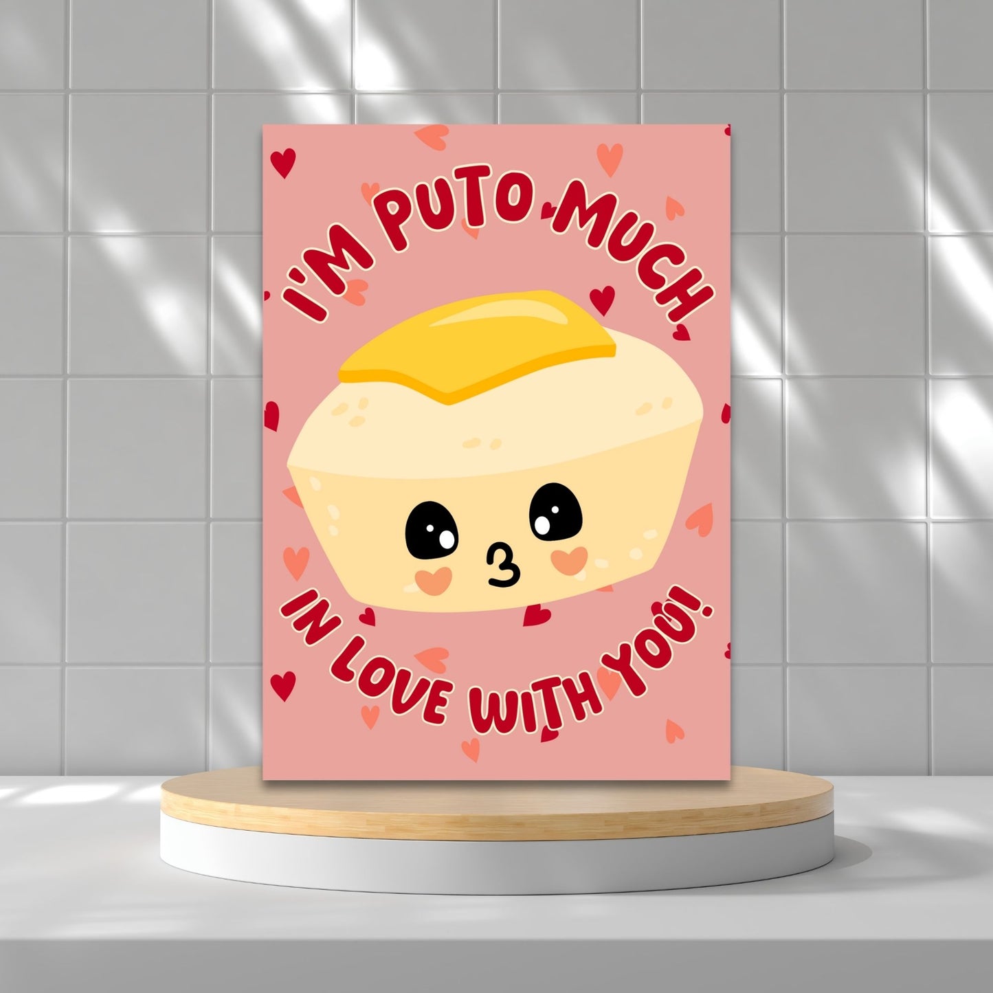 Printable Valentine’s Day card featuring the phrase “I’m Puto Much in Love with You” with a puto-inspired design. Designed as a 5x7 PDF on an 8.5 x 11 sheet with two cards per page. A punny and heartfelt Valentine’s card for Filipino food lovers.