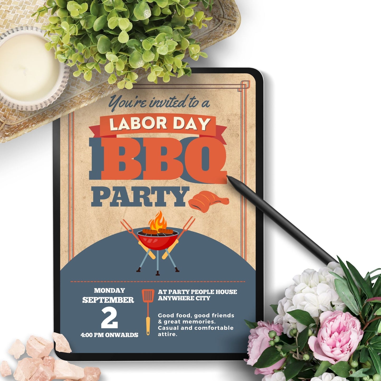 Rustic-themed Labor Day BBQ invitation with a vintage design featuring grilling tools and a classic BBQ setup.