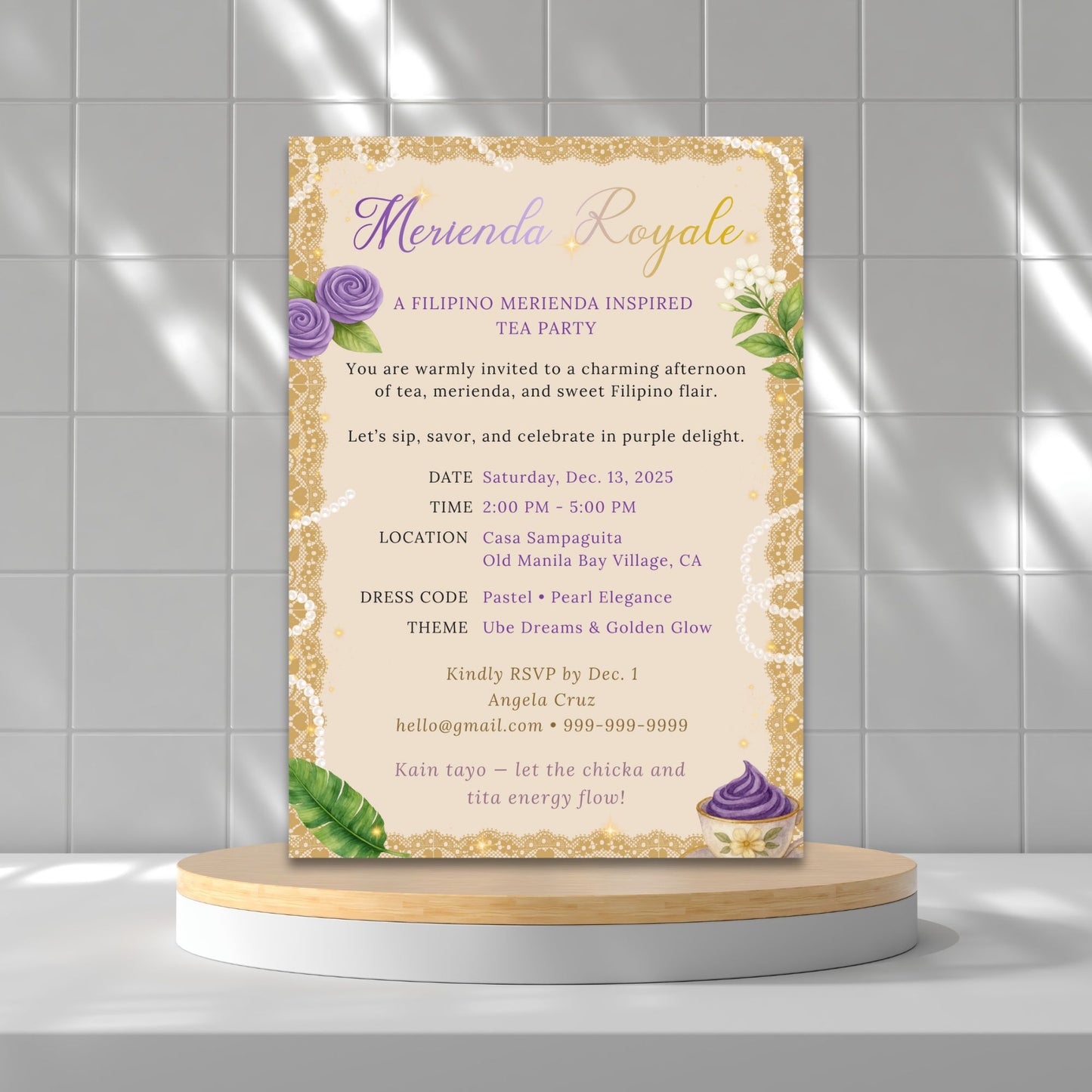Invitation card for a 'Merienda Royale' tea party on a gray tiled wall background