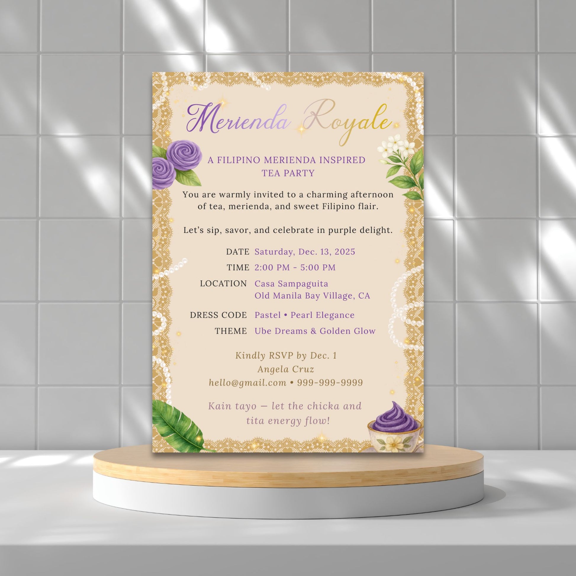 Invitation card for a 'Merienda Royale' tea party on a gray tiled wall background