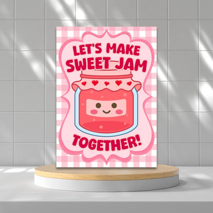 Printable Valentine’s Day Greeting Card featuring the phrase “Let’s Make Sweet Jam Together” with a berry and jam theme. Designed as a 5x7 PDF on an 8.5 x 11 sheet with two cards per page. A sweet and punny Valentine’s card for loved ones.