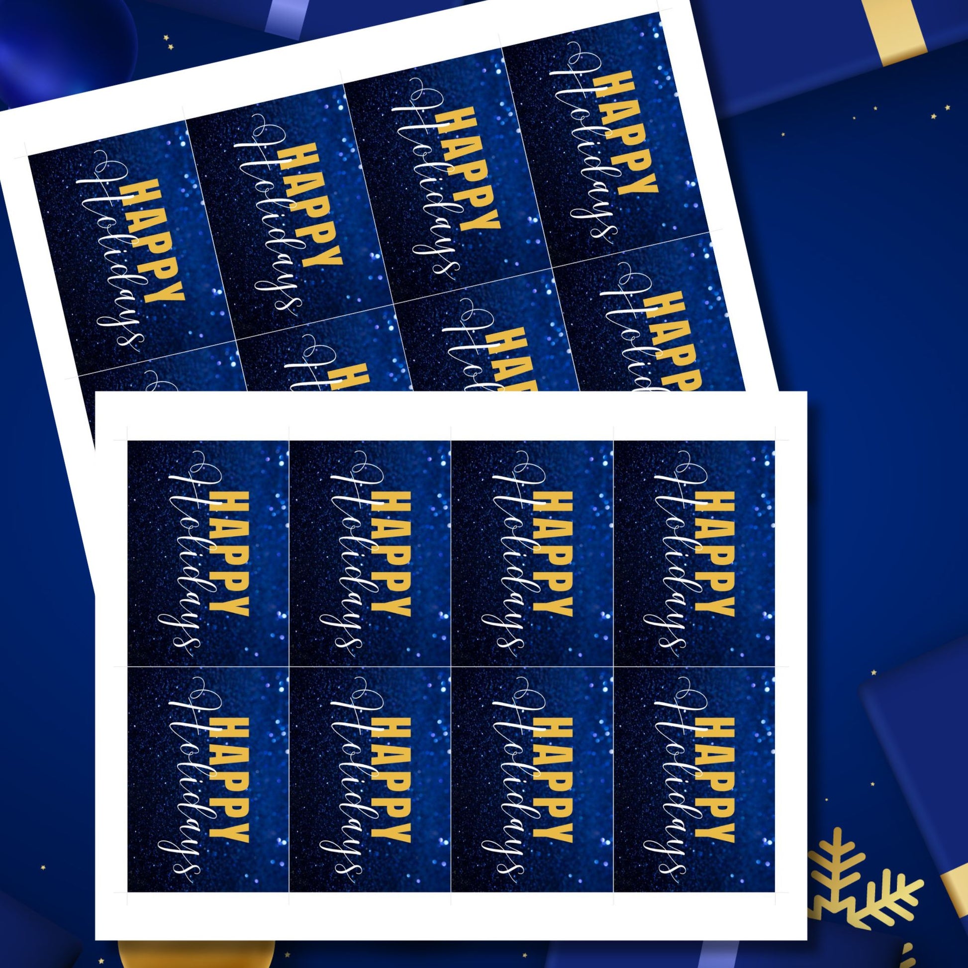 Printable blue and gold Holiday gift tags featuring a sparkling blue glitter background and bold gold "Happy Holidays" text, sized 2.5 x 3.5 inches, 8 per sheet.