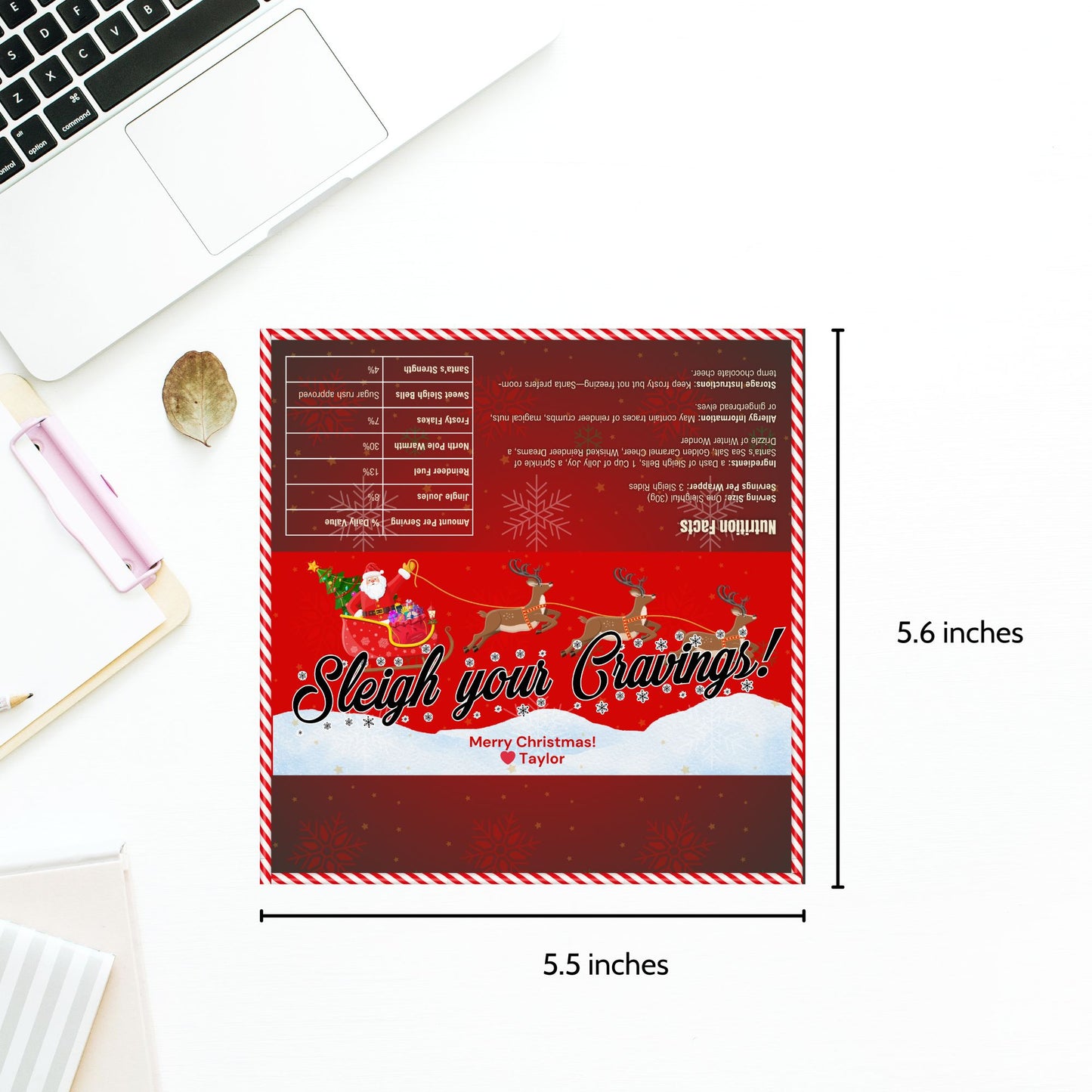 Christmas chocolate bar wrapper featuring Santa's sleigh, reindeer, festive text "Sleigh Your Cravings," with a customizable Merry Christmas message and snowy red backdrop.