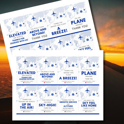 Printable aviation thank you gift tags in classic blue and white with airplane design, ideal for flight crew appreciation gifts.