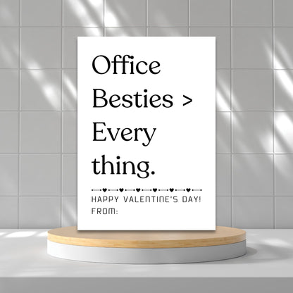 Minimalist black and white printable Valentine card for work besties featuring clean typography and office-friendly appreciation message.