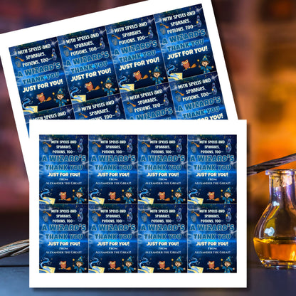 Sheet of personalized 'A Wizard's Thank You' cards with a potion bottle on a gradient background.