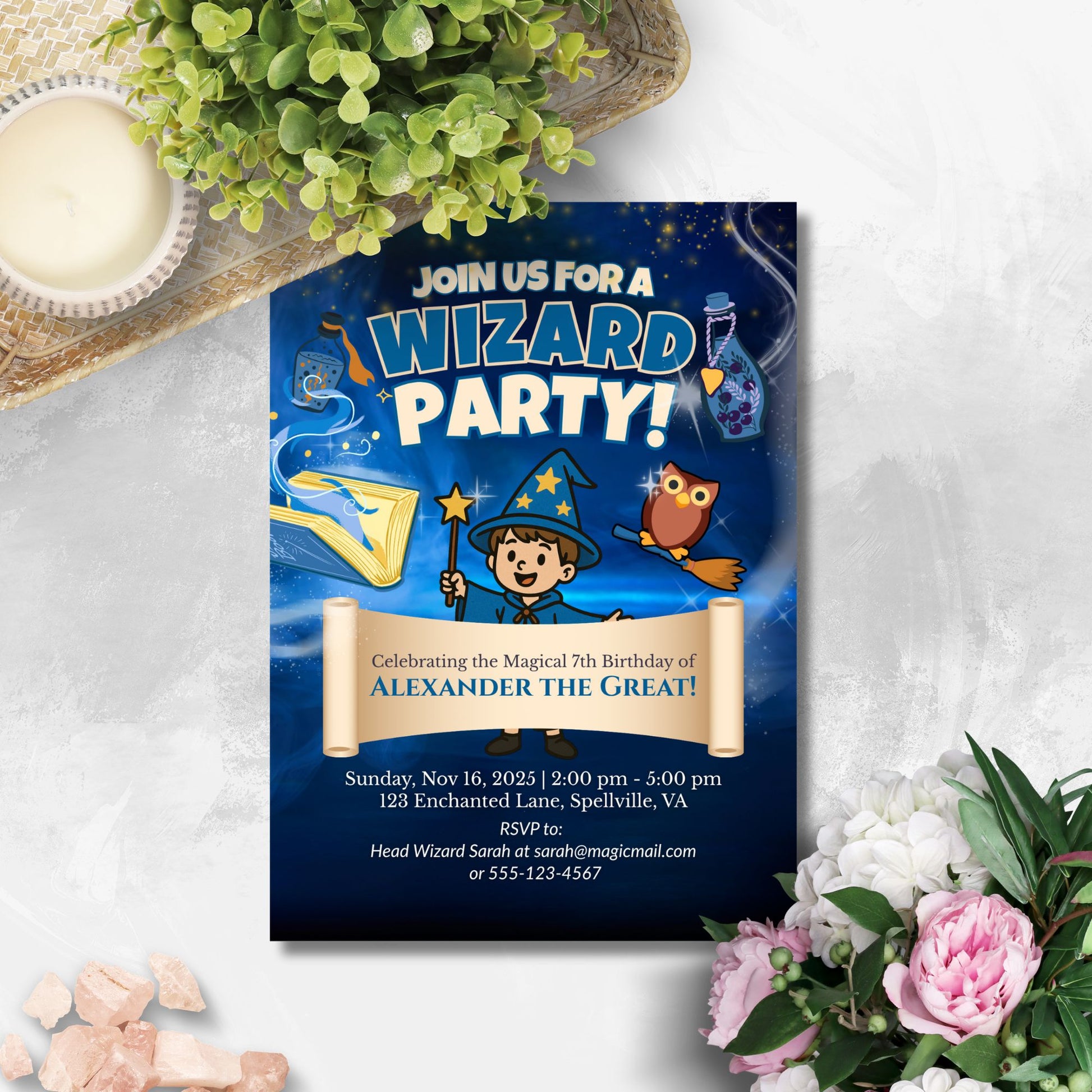 Wizard-themed invitation template featuring a boy wizard with wand, spell book, flying owl, and magical background. Includes editable party details on a scroll banner.