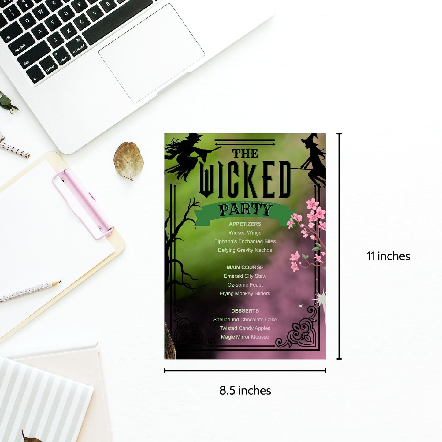 Editable Wicked-inspired menu template featuring enchanting dish names like Wicked Wings, Emerald City Stew, and Magic Mirror Mousse, perfect for a themed party or Halloween event.