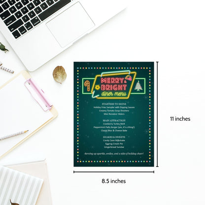 Menu card with 'Merry & Bright Diner Menu' design on a desk with laptop and stationery items.