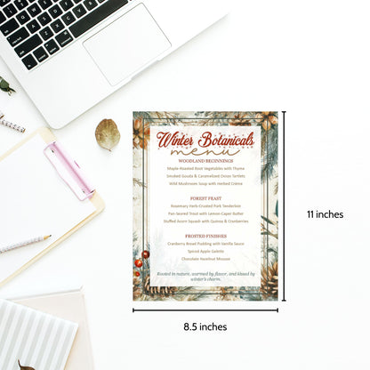 Winter Botanical menu card on a desk with laptop and stationery items