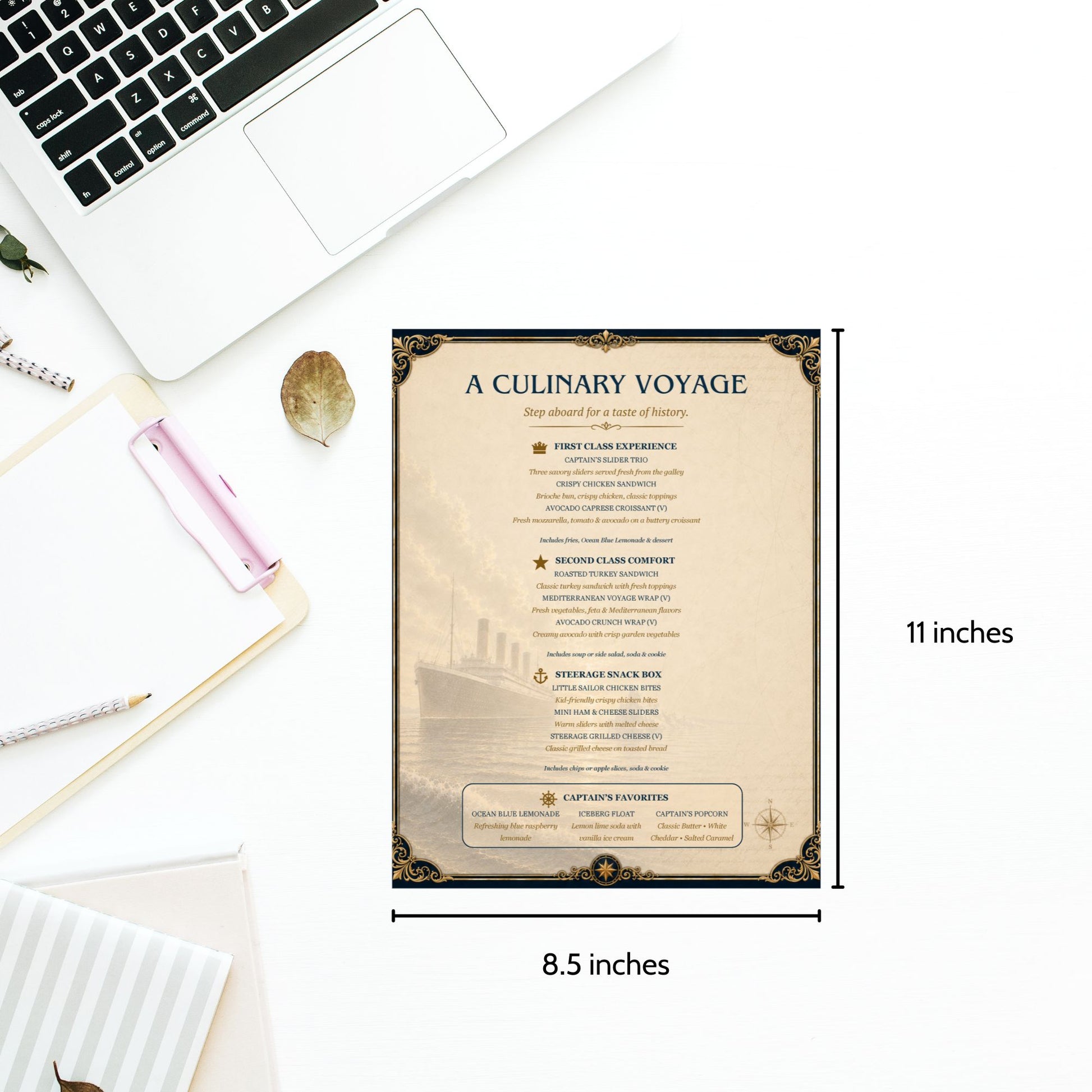 Titanic-inspired editable menu template featuring vintage ocean liner design with First Class Experience, Second Class Comfort, and Steerage Snack Box menu sections in an 8.5 x 11 Word document format.