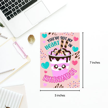 Printable Valentine’s Day card featuring the phrase “You’ve Got My Heart in Iskrambol” with a fun and colorful ice scramble design. Designed as a 5x7 PDF on an 8.5 x 11 sheet with two cards per page. A punny and heartfelt Valentine’s card for Filipino food lovers.