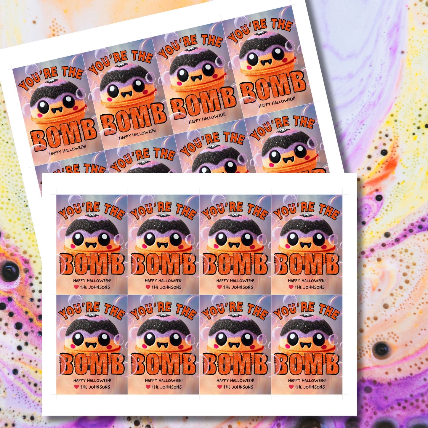 Halloween-themed printable gift tags with the message "You're the Bomb" featuring a cute and spooky bath bomb character, perfect for bath bomb gifts. Tags are 2.5 x 3.5 inches, laid out 8 per sheet on a standard 8.5 x 11-inch page. Includes a printable PDF and a PDF with a link to an editable Canva template.