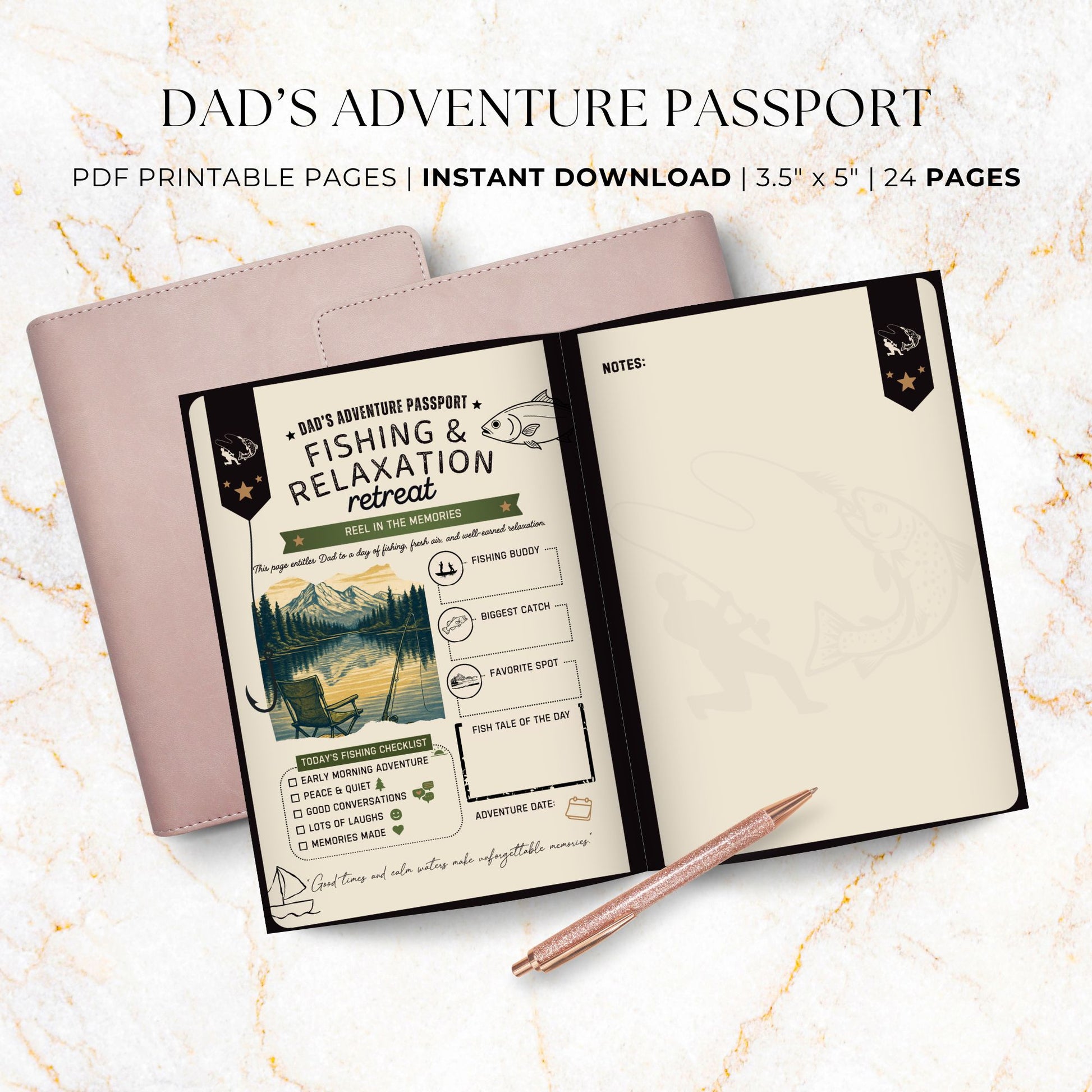 Dad's Adventure Passport printable Father's Day gift featuring 24 pages of family adventures, memory prompts, completion certificate, and printable booklet format for dads and kids.