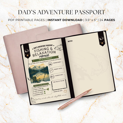 Dad's Adventure Passport printable Father's Day gift featuring 24 pages of family adventures, memory prompts, completion certificate, and printable booklet format for dads and kids.