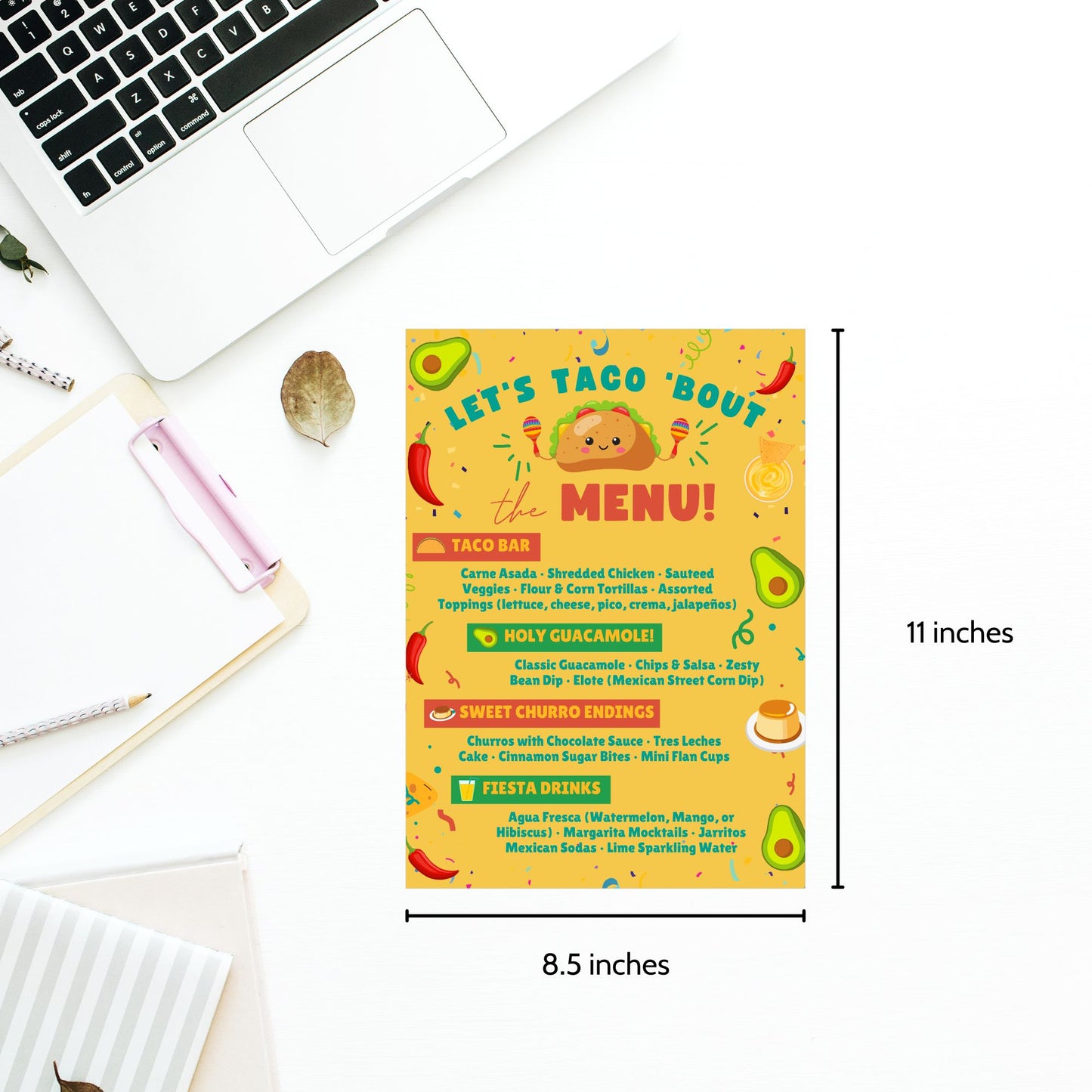 Editable taco-themed party menu with headings like “Taco Bar,” “Holy Guacamole,” and “Sweet Churro Endings.” Bright, colorful Canva template for graduation or fiesta-themed celebrations. Size: 8.5 x 11 inches.