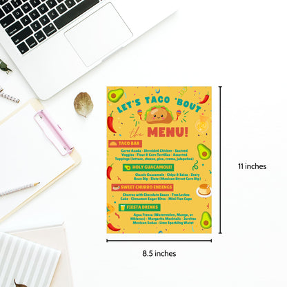 Editable taco-themed party menu with headings like “Taco Bar,” “Holy Guacamole,” and “Sweet Churro Endings.” Bright, colorful Canva template for graduation or fiesta-themed celebrations. Size: 8.5 x 11 inches.