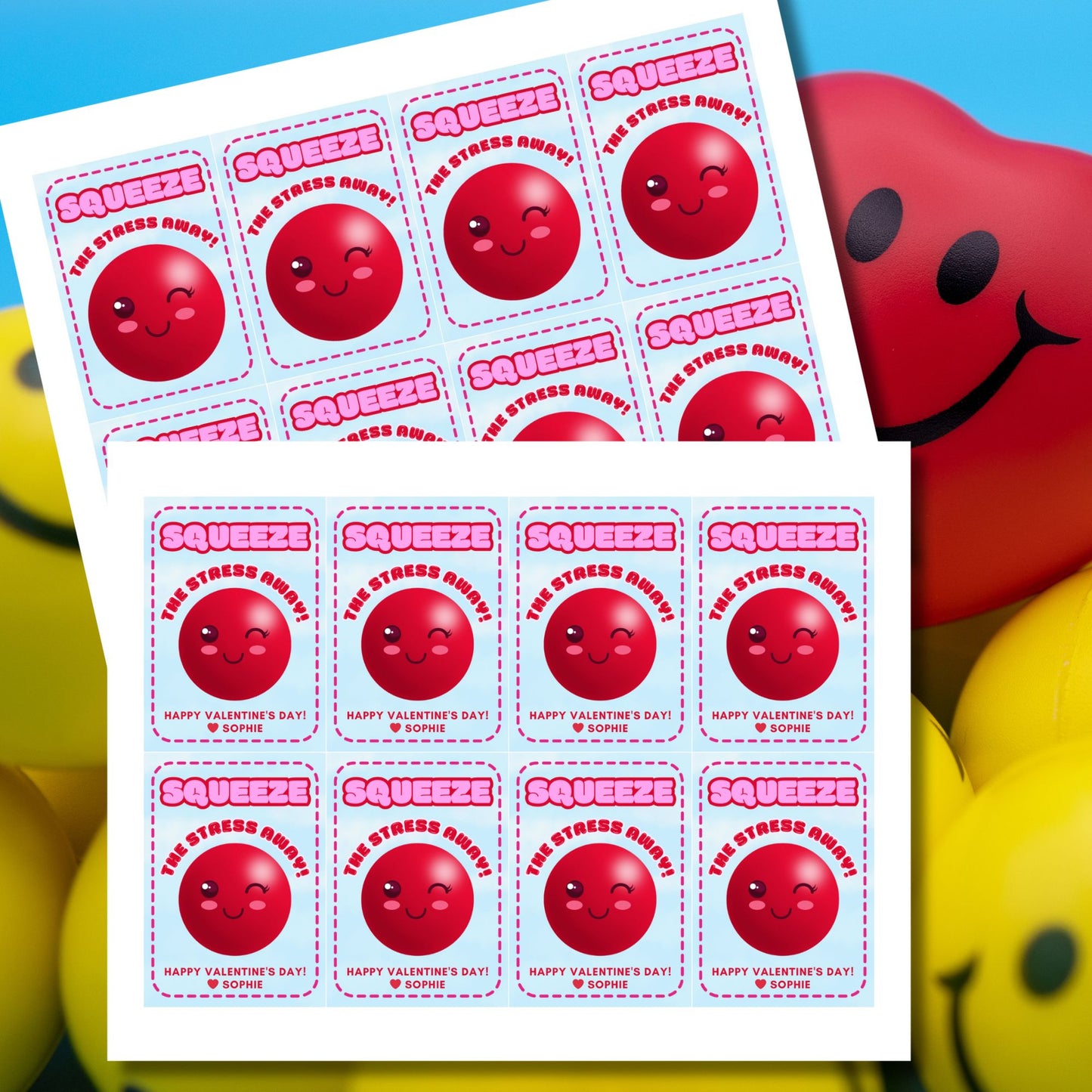 Printable and editable Valentine’s Day gift tags featuring a smiling stress ball with the message "Squeeze the Stress Away!" Perfect for pairing with a stress ball as a thoughtful and fun gift for teachers, employees, students, and coworkers.