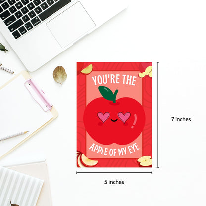 Printable Valentine’s Day Greeting Card featuring the phrase “You’re the Apple of My Eye” with an apple design. Designed as a 5x7 PDF on an 8.5 x 11 sheet with two cards per page. A sweet and timeless Valentine’s card for loved ones.