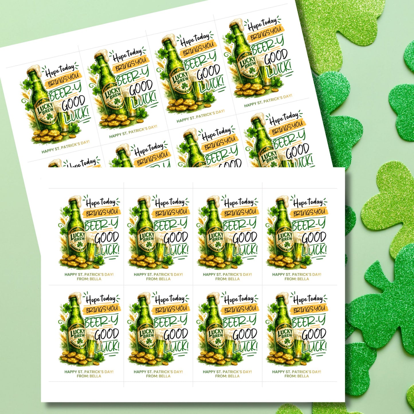 St. Patrick’s Day printable gift tag featuring a green beer-inspired drink with the phrase “Hope Today Brings You Beery Good Luck.” The festive design includes shamrocks and lucky elements. Tags are sized 2.5 x 3.5 inches, arranged 8 per 8.5 x 11 printable sheet, and available as a printable PDF and editable Canva template.