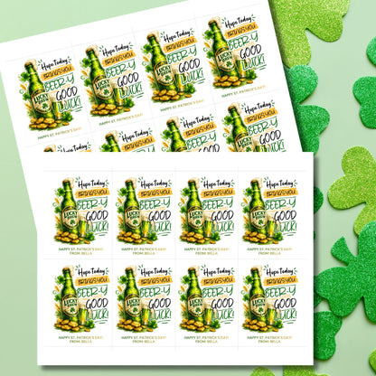 St. Patrick’s Day printable gift tag featuring a green beer-inspired drink with the phrase “Hope Today Brings You Beery Good Luck.” The festive design includes shamrocks and lucky elements. Tags are sized 2.5 x 3.5 inches, arranged 8 per 8.5 x 11 printable sheet, and available as a printable PDF and editable Canva template.