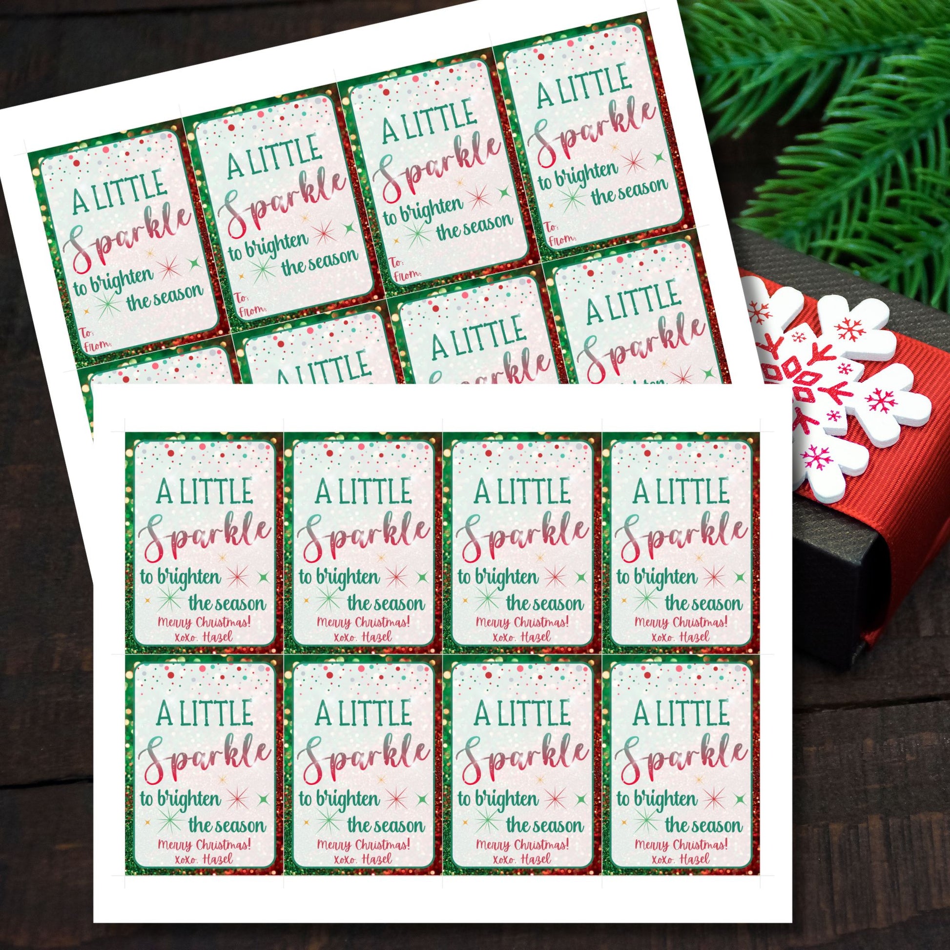 Christmas gift tags featuring the message "A Little Sparkle to Brighten the Season" with festive glitter effects, perfect for jewelry gifts like necklaces, earrings, and rings. These printable and editable tags add an elegant, festive touch to holiday gifts.