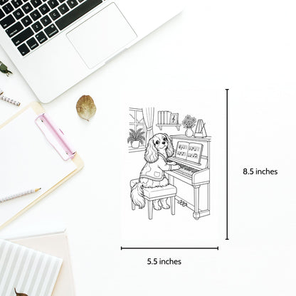 A black-and-white line-art print of a dog sitting at a piano, shown on a white desk with measurement labels indicating 8.5 inches tall by 5.