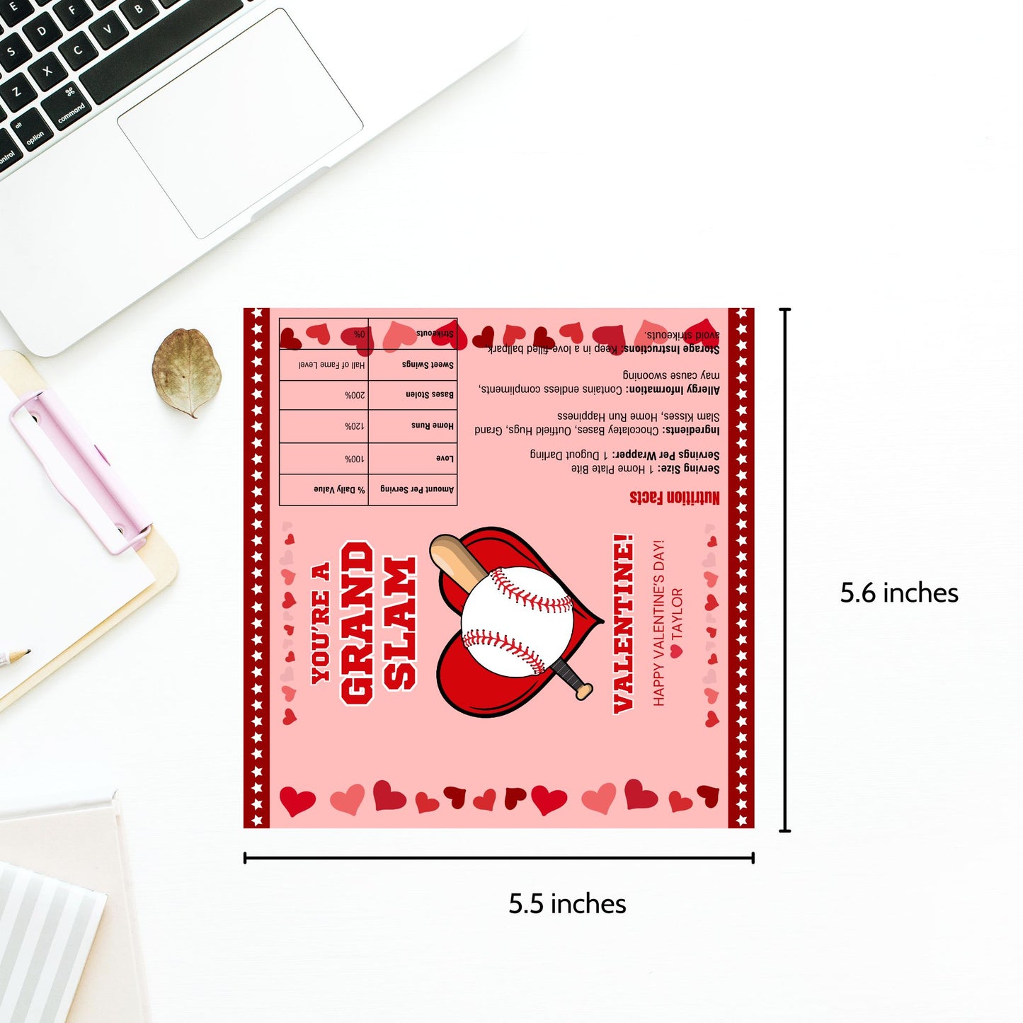 A baseball-themed Valentine’s Day chocolate bar wrapper featuring the phrase "You're a Grand Slam Valentine!" with a festive pink background, red hearts, a baseball, and a bat. Perfect for teammates, coaches, and baseball fans!