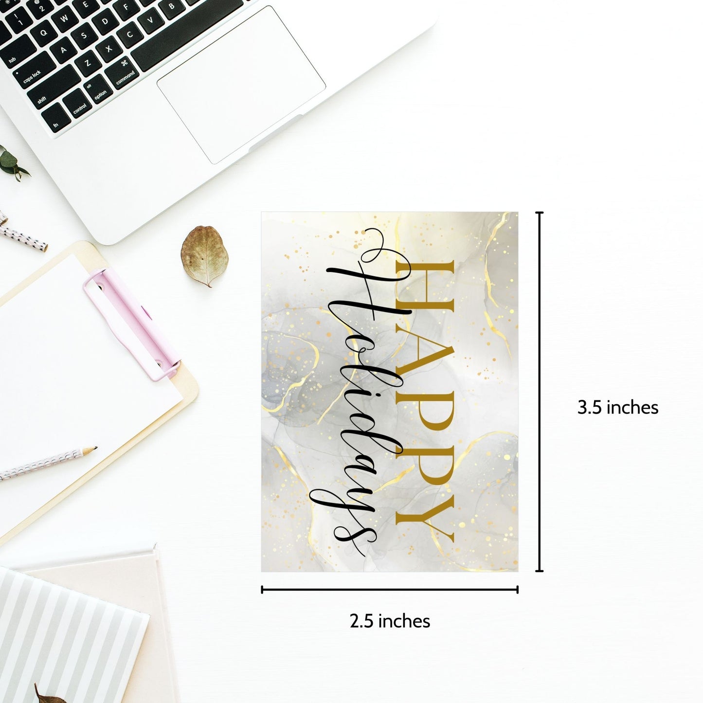 Luxury Holiday gift tags featuring a marble background with gold accents and black "Happy Holidays" typography, sized 2.5 x 3.5 inches, 8 tags per sheet.