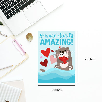 Printable Valentine’s Day Greeting Card featuring the pun “You Are Otterly Amazing.” Designed as a 5x7 PDF on an 8.5 x 11 sheet with two cards per page. A cute and fun Valentine’s card for otter lovers and friends.