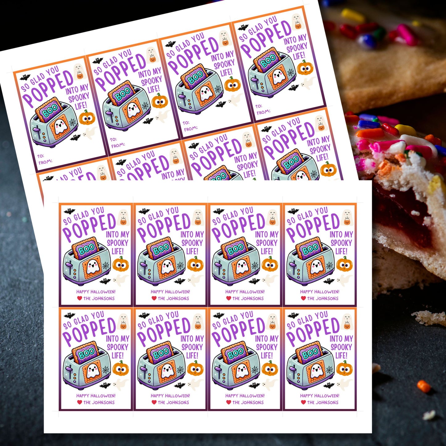 Halloween gift tag featuring a toaster with Pop-Tarts and ghosts with the message 'So Glad You Popped into My Spooky Life!' for Halloween Pop-Tart gifts. Perfect for printable and editable Halloween treat tags.