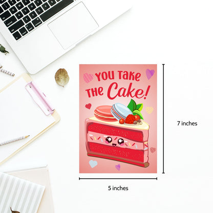 Printable Valentine’s Day card featuring the phrase “You Take the Cake” with a charming dessert design. Designed as a 5x7 PDF on an 8.5 x 11 sheet with two cards per page. A sweet and punny Valentine’s card for loved ones.