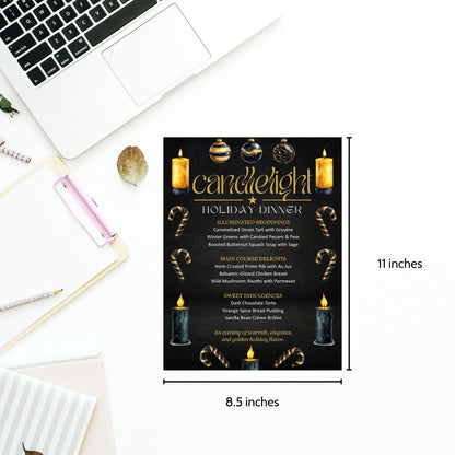 Elegant Candlelight Holiday Dinner Menu Template with black and gold design, editable in Microsoft Word, featuring festive Christmas menu layout on 8.5x11 printable sheet.