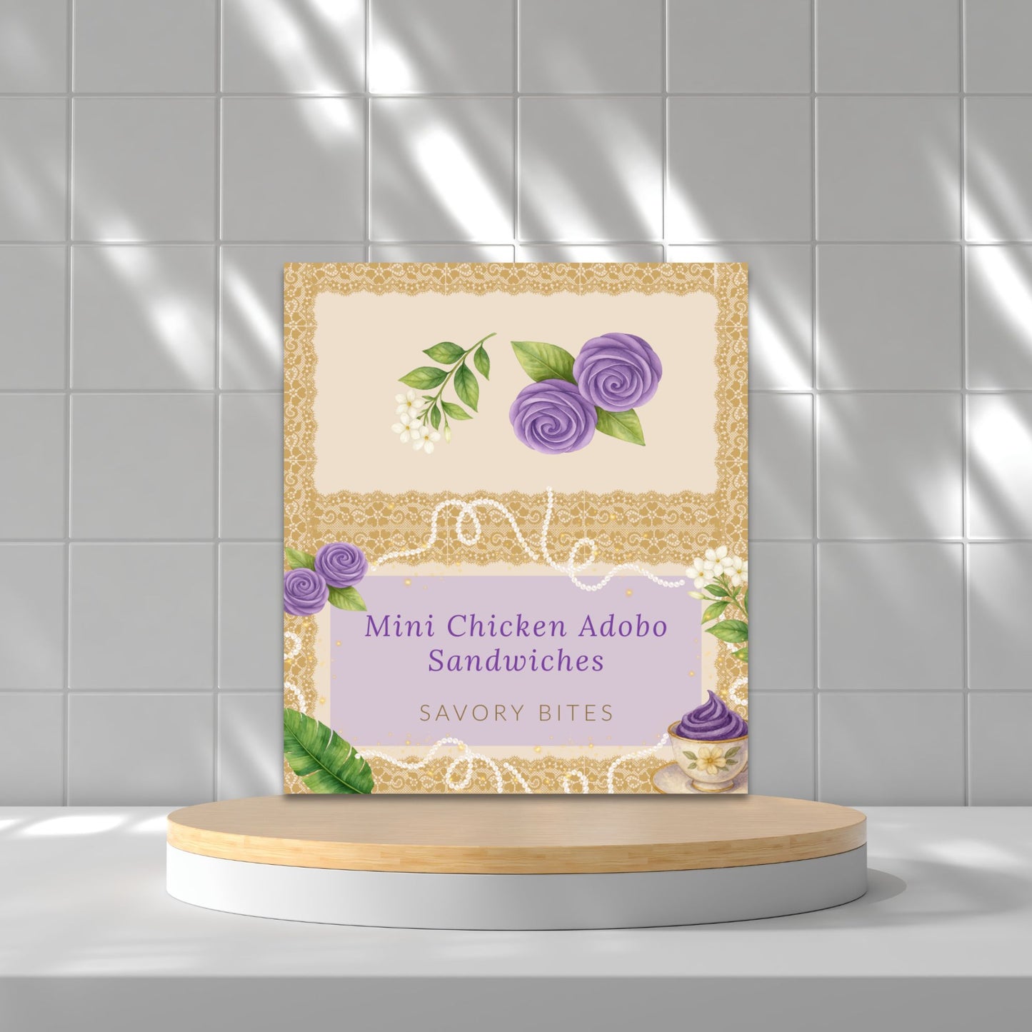 Editable Filipino-themed 3.5x4 folded place cards in ube purple and gold design — printable name cards matching the Merienda Royale invitation, menu, and gift tags by Given Crafted Wonders.
