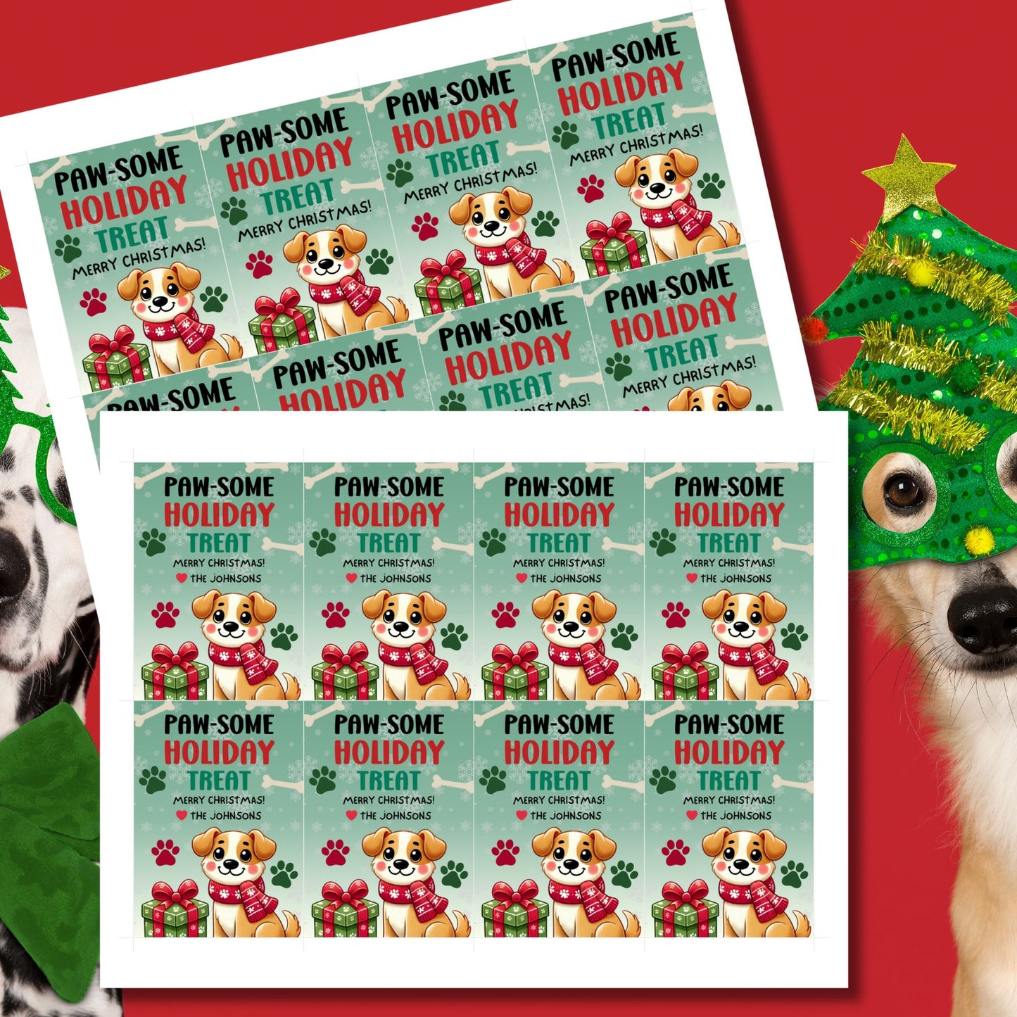 Christmas gift tags featuring an adorable puppy with a scarf and holiday gifts, paired with the message "Paw-some Holiday Treat." These printable and editable tags are perfect for adding a playful touch to holiday gifts for pet lovers.