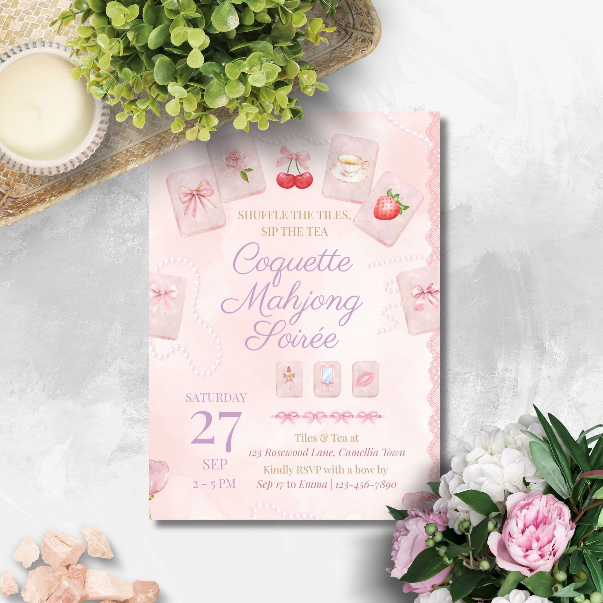 Invitation card for 'Coquette Mahjong Soiree' with floral and decorative elements on a light background.