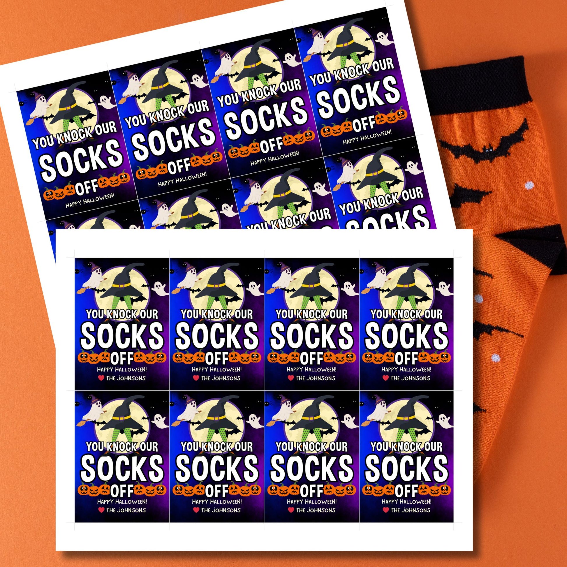 Halloween-themed printable gift tags with the message "You Knock Our Socks Off!" featuring a witch's hat, spooky ghosts, and jack-o'-lanterns, perfect for sock gifts. Tags are 2.5 x 3.5 inches, laid out 8 per sheet on a standard 8.5 x 11-inch page. Includes a printable PDF and a PDF with a link to an editable Canva template.