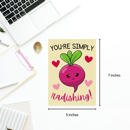 Printable Valentine’s Day Greeting Card featuring the phrase “You’re Simply Radishing” with a cute radish design. Designed as a 5x7 PDF on an 8.5 x 11 sheet with two cards per page. A fun and punny Valentine’s card for loved ones.